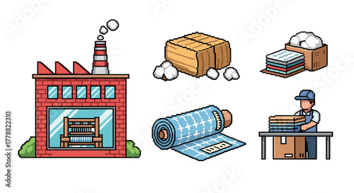 Pixel art textile factory with worker, warehouse, and cotton bales