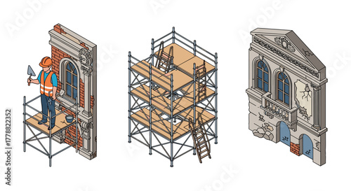 Building restoration process with scaffolding and worker in isometric style