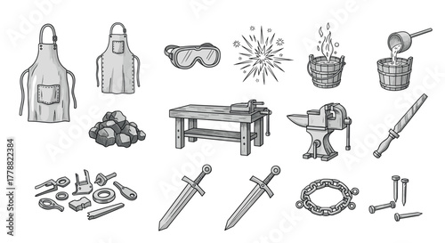 Blacksmith tools and equipment set in handdrawn style