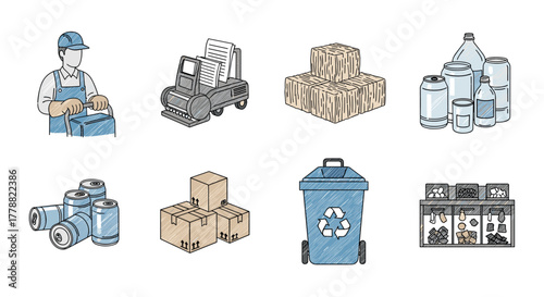 Recycling and waste management icons handdrawn style for sustainable practices