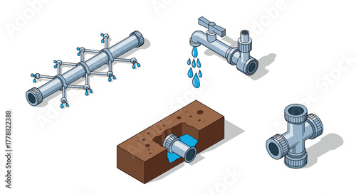 Isometric pipe connections with faucet and water leakage elements