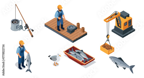 Isometric fisherman and seafood market with fishing equipment and fresh catch