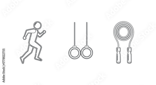 Outline design of running figure, gymnastic rings, and jump rope