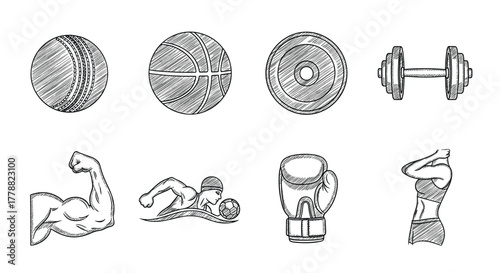 Hand drawn sports equipment and athletes in sketch style cricket, basketball, boxing, and more