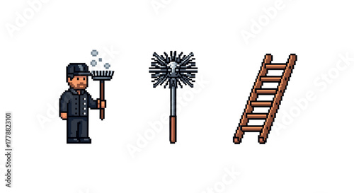Chimney sweep pixel art with tools and ladder