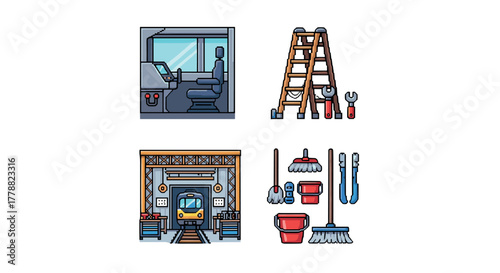 Railway maintenance and tools icon set in isometric style