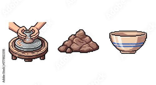 Pixel art pottery process hands crafting clay into a finished bowl