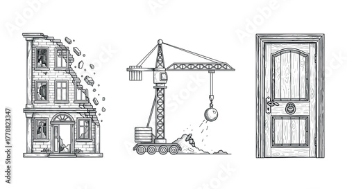 Handdrawn demolition and construction elements with vintage building sketch