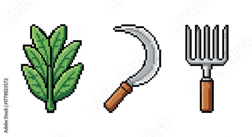 Pixel art farming tools and leaf retro style graphics for game design