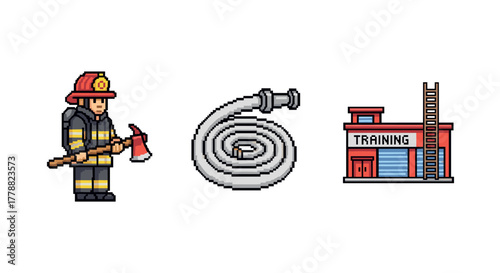 Pixel art firefighter with axe, fire hose, and training facility