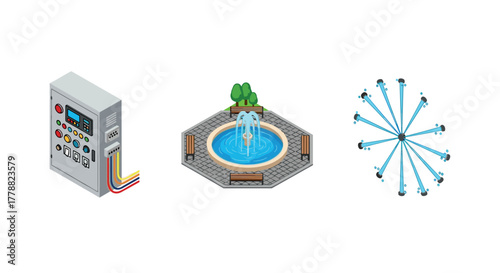 Isometric control panel, hexagonal fountain, and network node design set