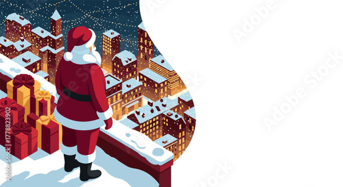 Isometric winter night scene with santa overlooking snowy city rooftops and gifts