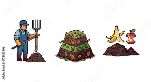 Composting process with farmer, organic waste, and decomposing materials in pixel art