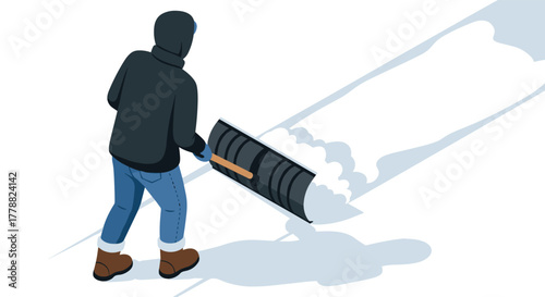 Person shoveling snow in winter clothes with shadow reflection