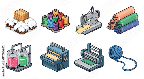 Isometric textile industry icons sewing machine, yarn, fabric rolls, dyeing tanks