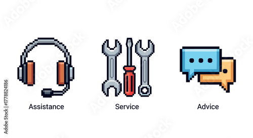 Pixel art customer support icons with headset, tools, and chat bubbles