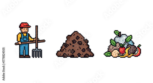 Pixel art gardening and composting elements