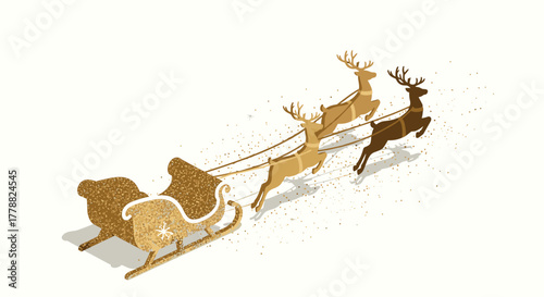 Sparkling gold christmas sleigh and reindeer in isometric holiday design