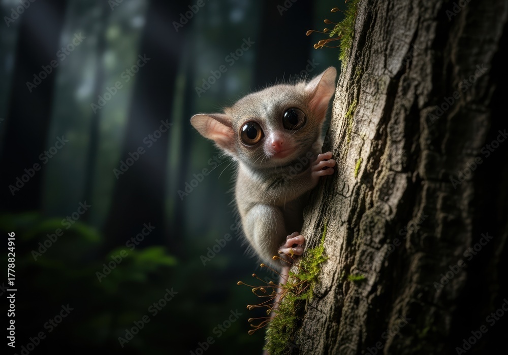 Naklejka premium Adorable bush baby peeking from behind a tree in a lush forest