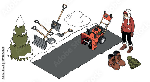 Winter snow removal tools and clothing with snowblower and shovels
