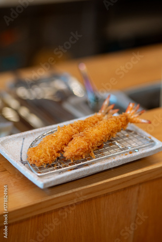 Japanese deep fried Shrimp or Ebikatsu on table.