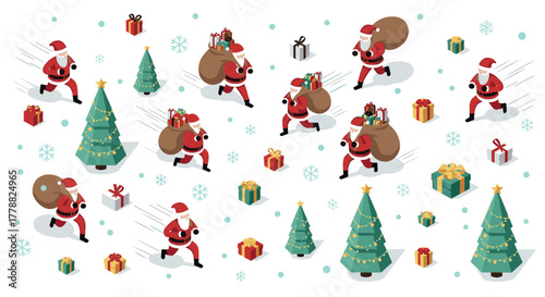 Santa claus isometric christmas characters delivering gifts with holiday decorations