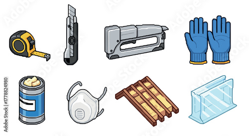 Pixel art construction tools and safety equipment set