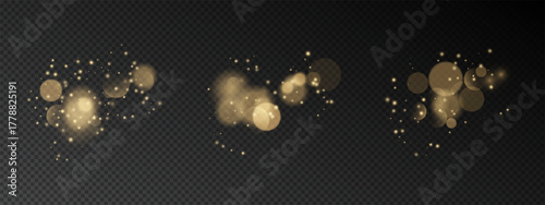 Golden bokeh light effect on transparent background. Luminous glitter particles, shimmering dots, soft circles with warm glow. Vector festive overlay with star dust. Holiday decoration for cards.