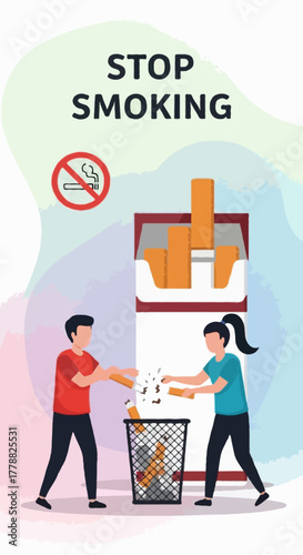 Flat vertical faceless vector poster about stop smoking awareness, clean modern flat illustration style