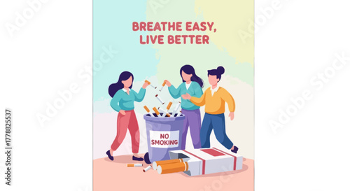 Flat illustration, characters throwing cigarettes into a bin, oversized cigarette pack, soft rounded shapes