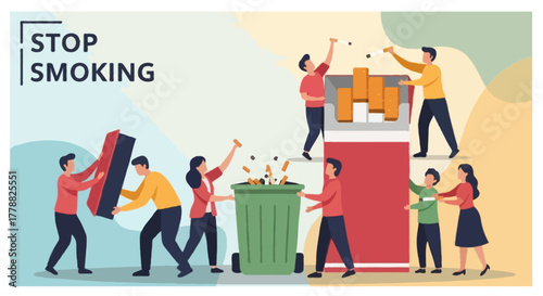 Flat vector illustration of people throwing away cigarettes and closing a giant cigarette box, anti-smoking awareness concept
