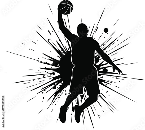 Dynamic basketball player silhouette in mid dunk action set against a vibrant energetic background with expressive splatter and stroke artistic effects