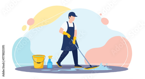 flat vector illustration, faceless cleaning worker mopping a wet floor