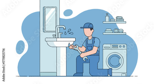 Flat vector illustration of a faceless plumber kneeling on the floor fixing a leaking sink