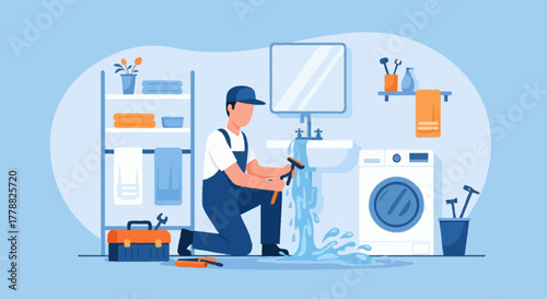 Flat vector illustration of a faceless plumber kneeling on the floor fixing a leaking sink