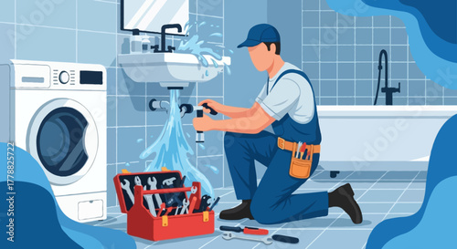 Flat vector illustration of a faceless plumber kneeling on the floor fixing a leaking sink