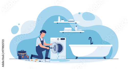 Flat vector faceless repairman fixing a washing machine that is leaking water