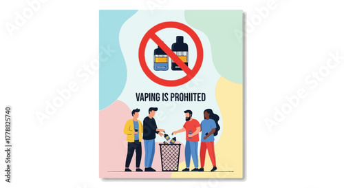 Faceless professional health campaign vector, people discarding vape pods, big crossed-out vape icon