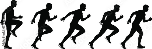 Dynamic sequence of running man silhouettes illustrating athletic movement and athletic training progression across a clean background