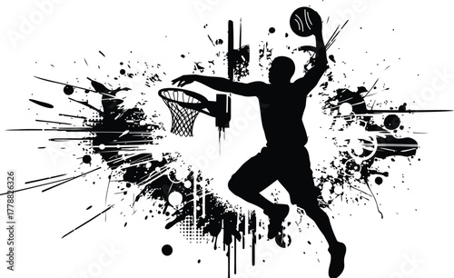 Dynamic basketball player performing an energetic slam dunk against a vibrant abstract splatter background in an urban setting