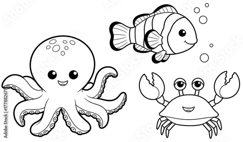 Cute underwater creatures coloring page featuring a smiling octopus, cheerful clownfish, and friendly crab, perfect for holiday-themed artistic activities and festive fun
