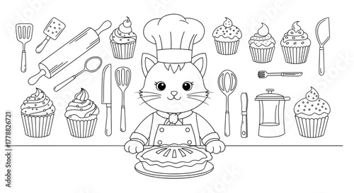 Cute cat chef illustration in a kitchen setting, surrounded by baking tools and cupcakes, perfect for a Christmas-themed coloring page for children and adults