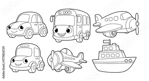Coloring page featuring cheerful cartoon vehicles including cars, a bus, an airplane, and a boat, designed for kids to enjoy during the festive Christmas season