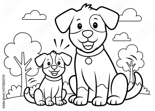 Two playful dogs, a larger adult and a smaller puppy, sit together in a cheerful outdoor scene with trees and clouds, perfect for a Christmas coloring page