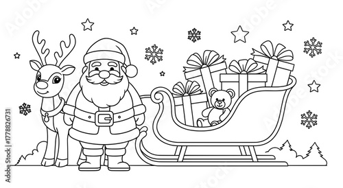 Christmas coloring page featuring Santa Claus with a reindeer beside a sleigh filled with gifts, surrounded by snowflakes and stars, perfect for festive holiday creativity