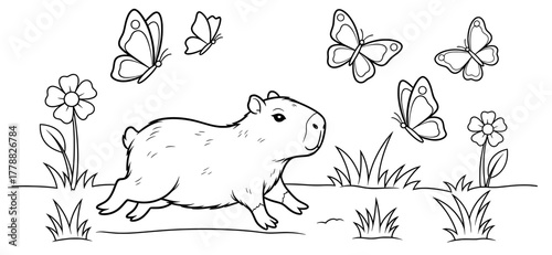 Cute capybara illustration in a garden with flowers and butterflies, perfect for a coloring page, showcasing a playful scene in a whimsical style with copy space