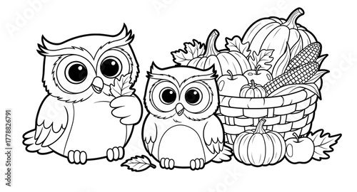 Two adorable owls holding leaves beside a basket filled with pumpkins and corn, creating a festive coloring page for Christmas celebrations and holiday fun