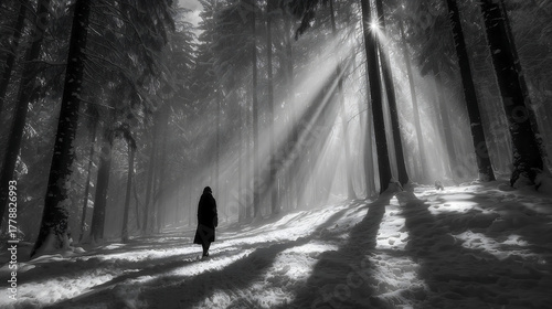 A young woman walking through a dense, snow-covered forest