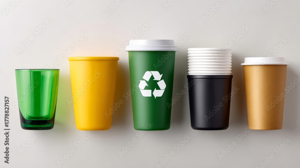 Fototapeta premium Colorful assorted plastic cups with recycling symbol on green cup