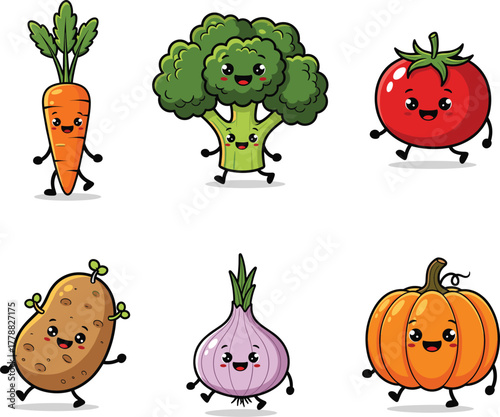 Cute cartoon vegetable characters, smiling fruits with faces, anthropomorphic food icons, healthy eating concept, kids nutrition, vector illustration, isolated on white
